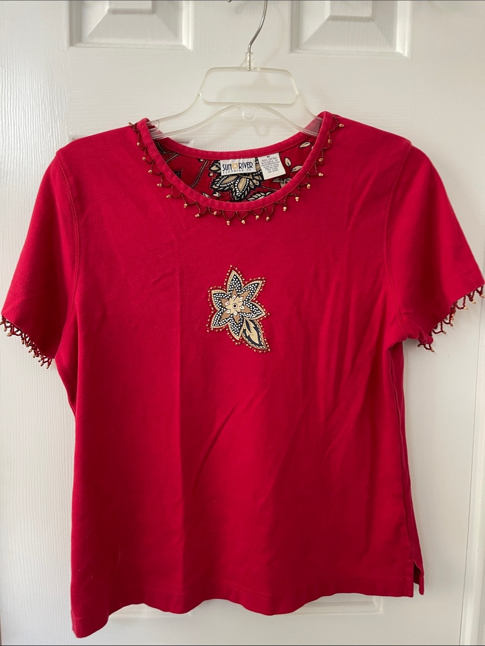 Sun River  Red Short Sleeve Beaded Floral Accent Top
